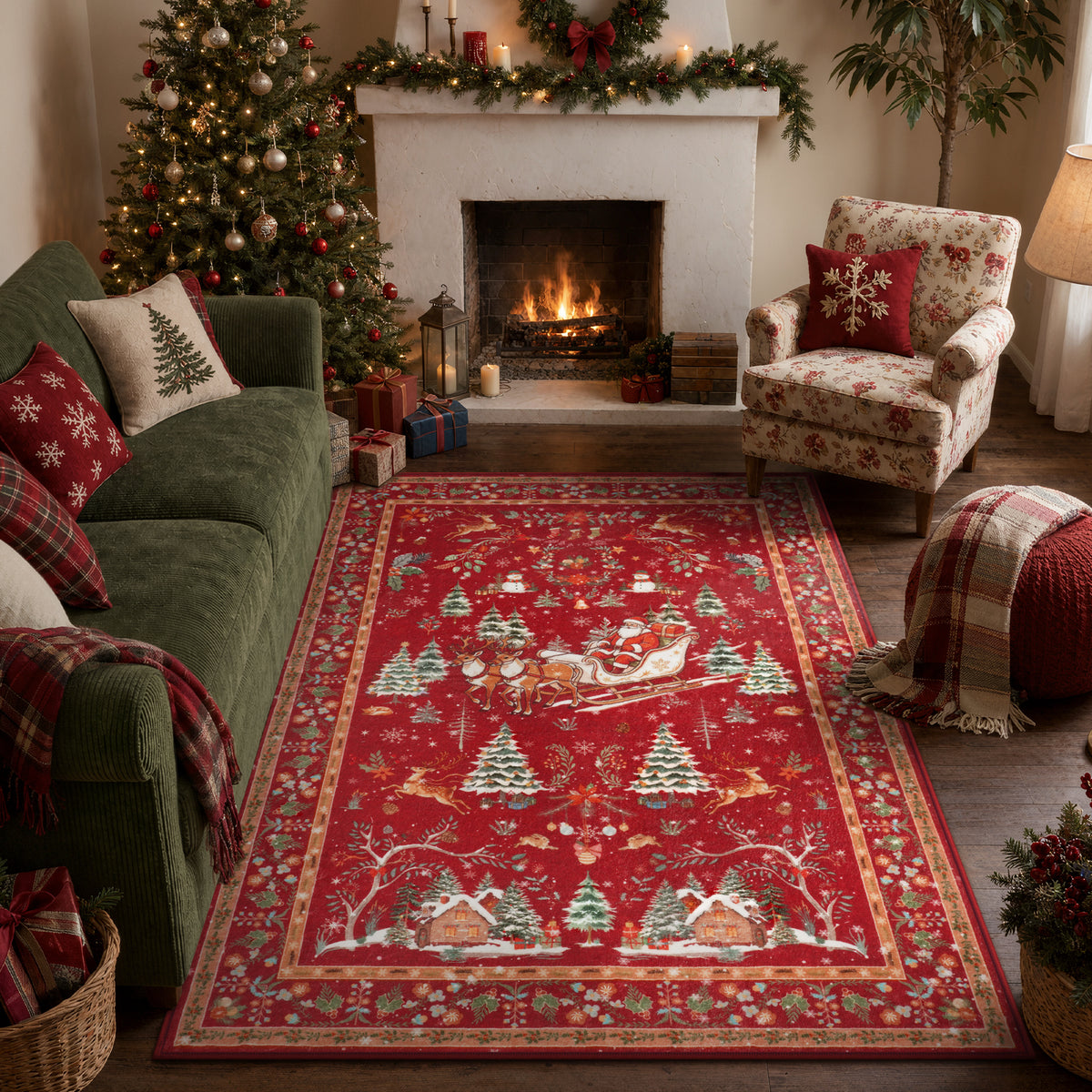 Lahome Decor  Christmas Area Rug, Washable Rug for Living Room, Non Slip Low Pile Soft Bedroom Rug Xmas Tree Elk Indoor Floor Carpet for Dining Room Winter Holiday Decor