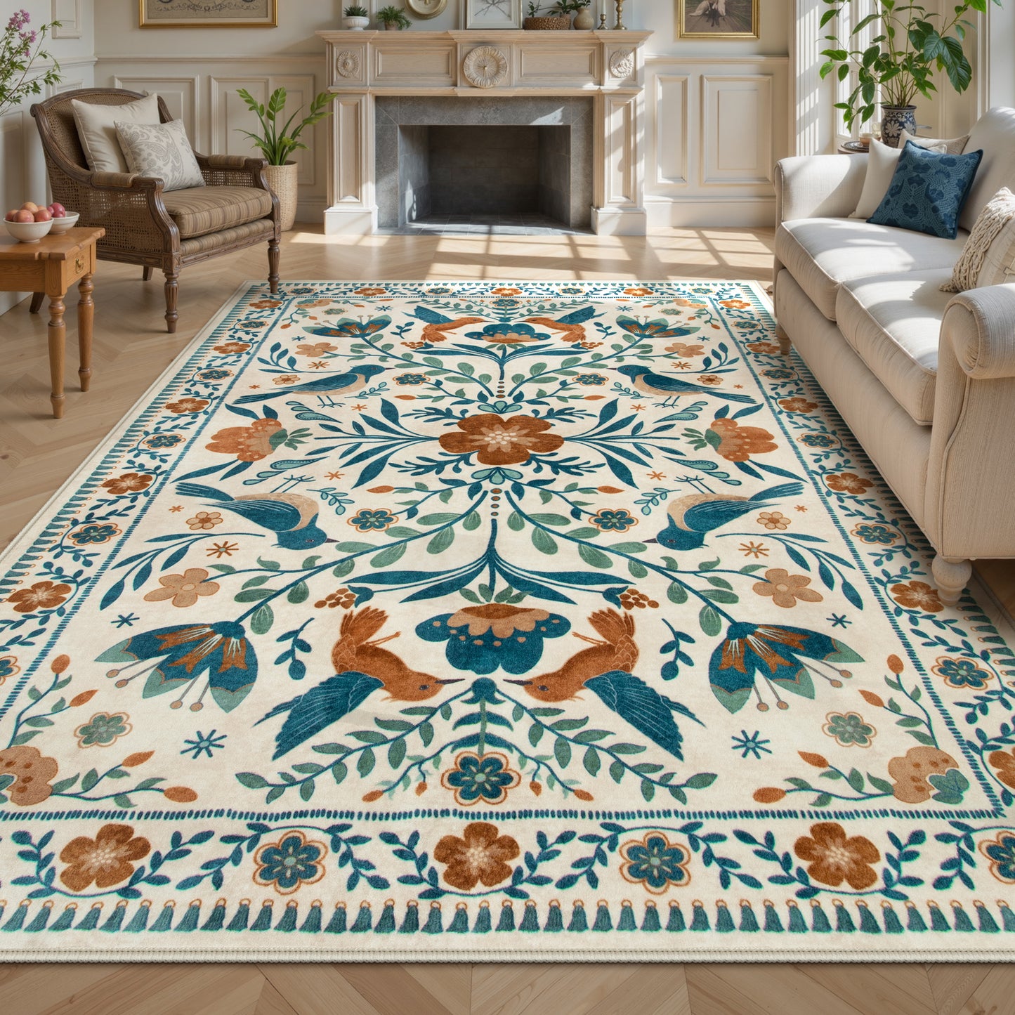 Lahome Decor Boho Bird Area Rugs,Floral Rug for Living Room Machine Washable,Soft Indoor Carpet,Non-Slip Low Pile for Bedroom Dining Room Playroom Office
