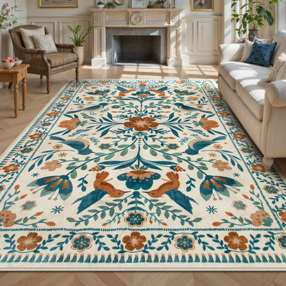 Lahome Decor Boho Bird Area Rugs,Floral Rug for Living Room Machine Washable,Soft Indoor Carpet,Non-Slip Low Pile for Bedroom Dining Room Playroom Office