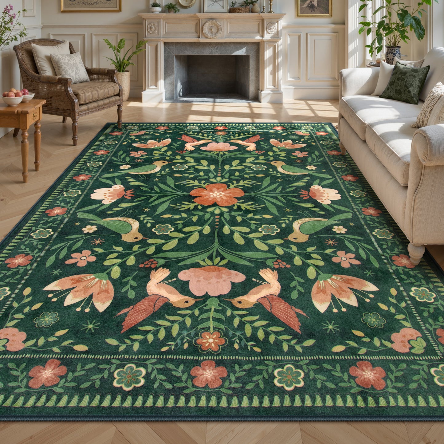 Lahome Decor Boho Bird Area Rugs,Floral Rug for Living Room Machine Washable,Soft Indoor Carpet,Non-Slip Low Pile for Bedroom Dining Room Playroom Office