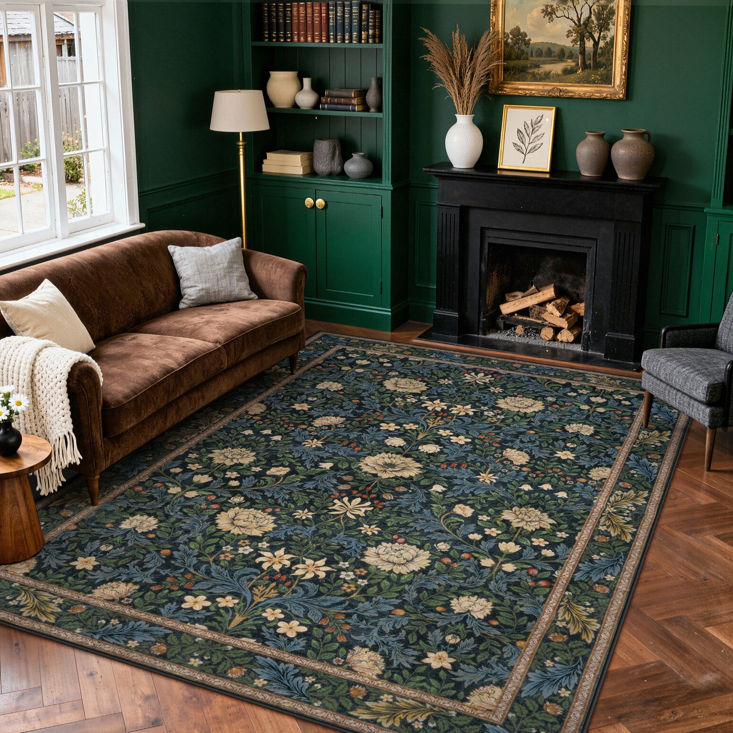 Lahome Non-Slip Washable Area Rug, Boho Floral Vintage Low-Pile Carpet for Living Room Bedroom Dining Room and Office, Stain Resistant Soft Indoor Mat