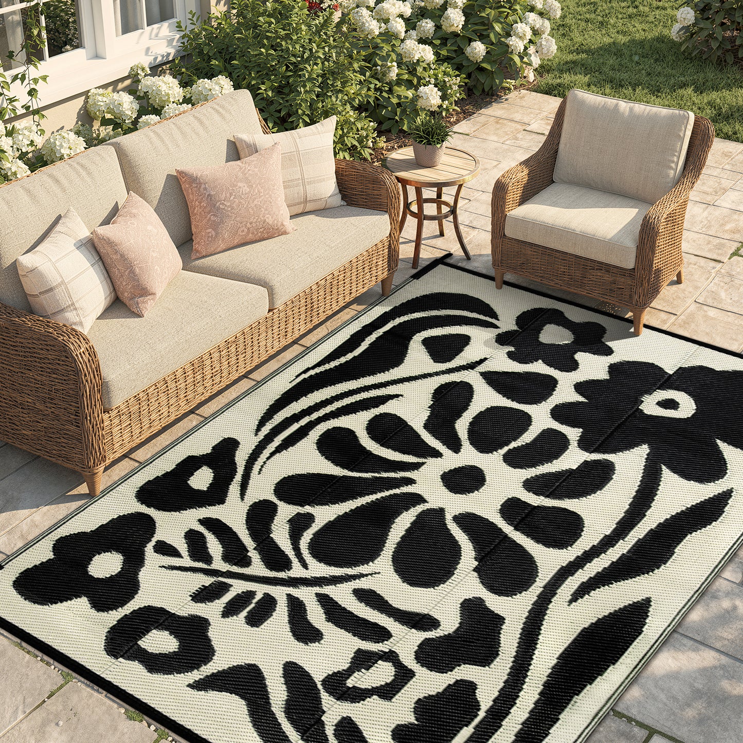 Lahome Outdoor RV Rug - Waterproof Reversible Plastic Straw Mat,Abstract Floral Pattern for Deck, Balcony & Camping