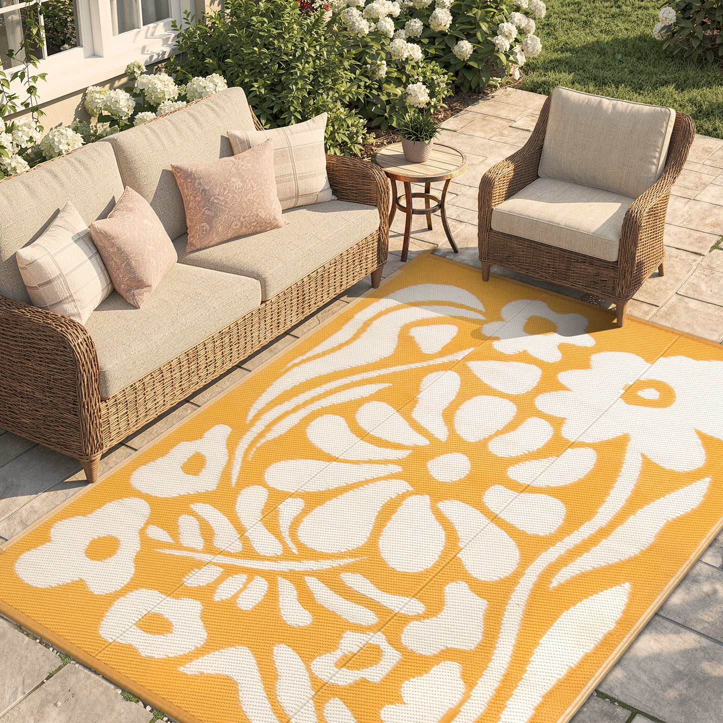 Lahome Outdoor RV Rug - Waterproof Reversible Plastic Straw Mat,Abstract Floral Pattern for Deck, Balcony & Camping