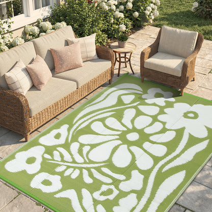 Lahome Outdoor RV Rug - Waterproof Reversible Plastic Straw Mat,Abstract Floral Pattern for Deck, Balcony & Camping