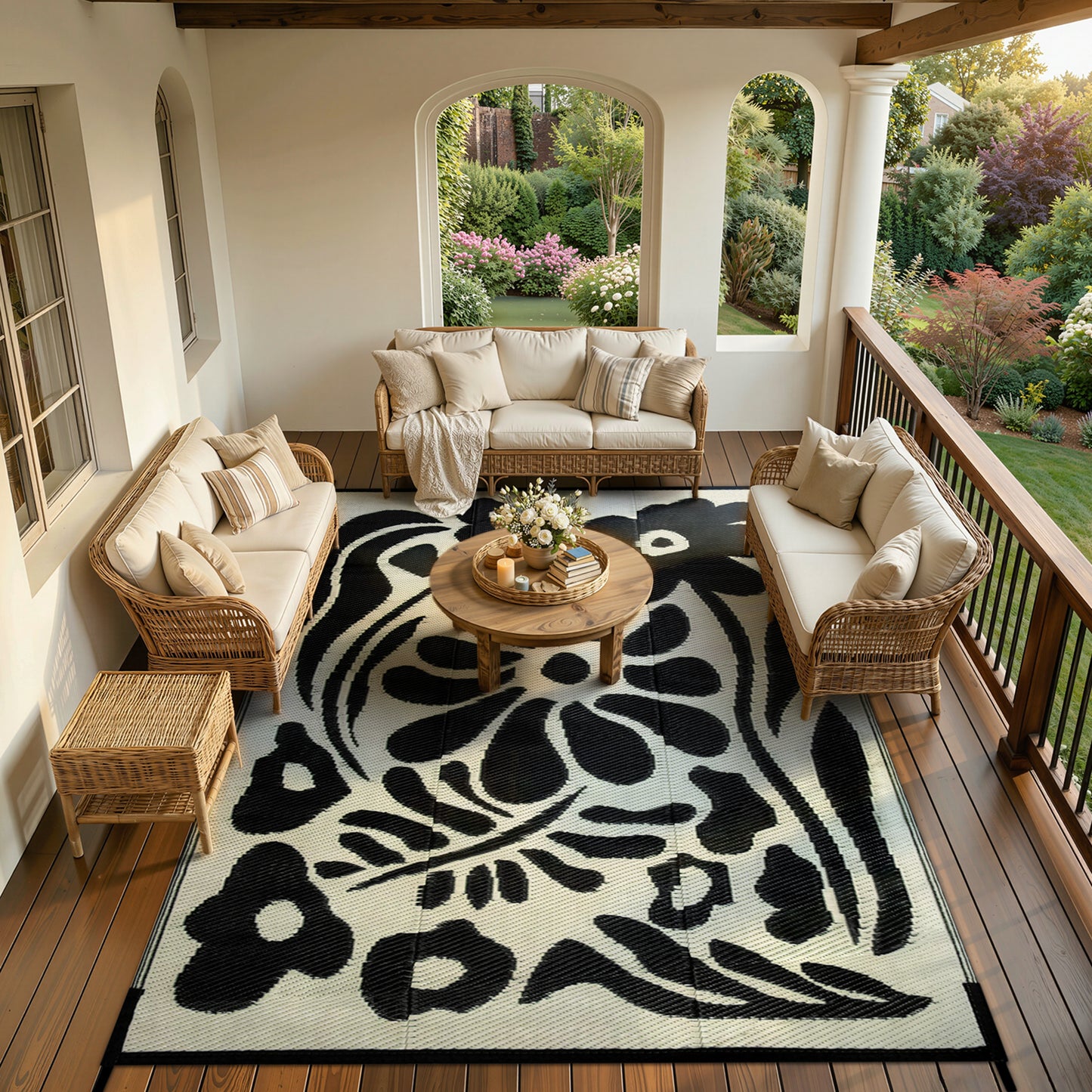 Lahome Outdoor RV Rug - Waterproof Reversible Plastic Straw Mat,Abstract Floral Pattern for Deck, Balcony & Camping