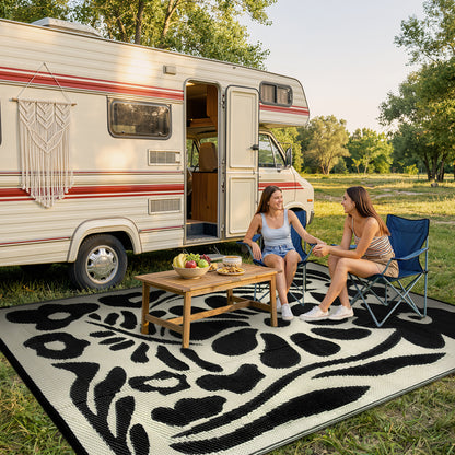 Lahome Outdoor RV Rug - Waterproof Reversible Plastic Straw Mat,Abstract Floral Pattern for Deck, Balcony & Camping