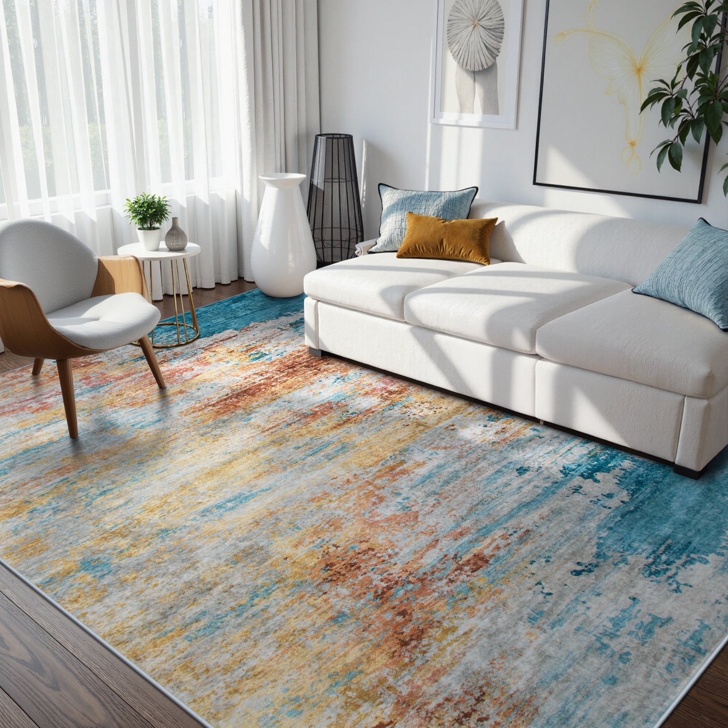 RUG ROBOT Abstract Living Room Rug, Soft Modern Washable Area Rugs for Bedroom Non Slip, Ultra Thin Foldable Low Pile Carpet for Dining Room Kitchen Bathroom Office
