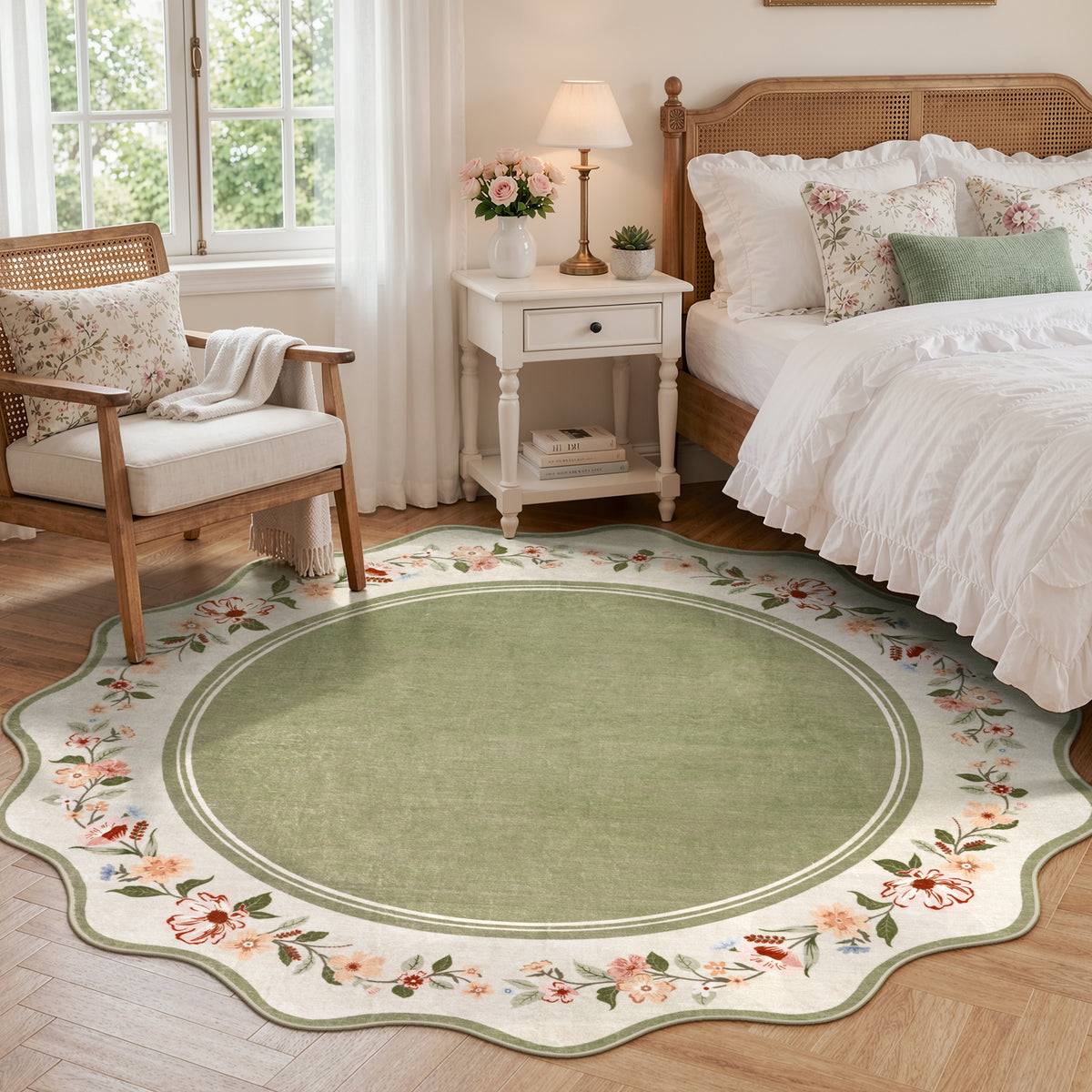 Lahome Floral Scalloped Area Rug for Living Room - Ultra-Thin Soft Washable Non-Slip Bedroom Stain Resistant Lightweight Boho Low-Pile Throw for Dining Room Office