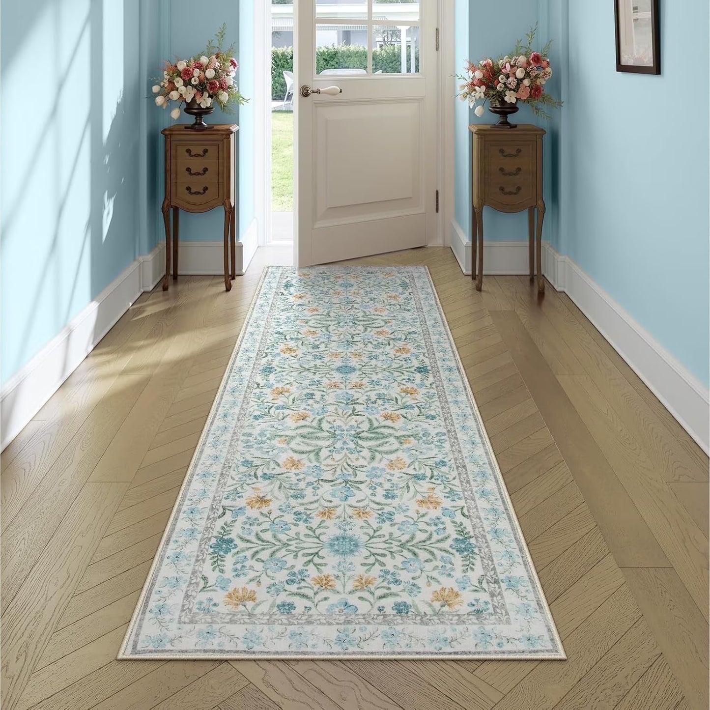 Moynesa Boho Green Area Rugs Living Room, Washable Floral Large Area Rugs for Bedroom, Soft Non-Slip Thin Rug for Nursery Kids Playroom Home