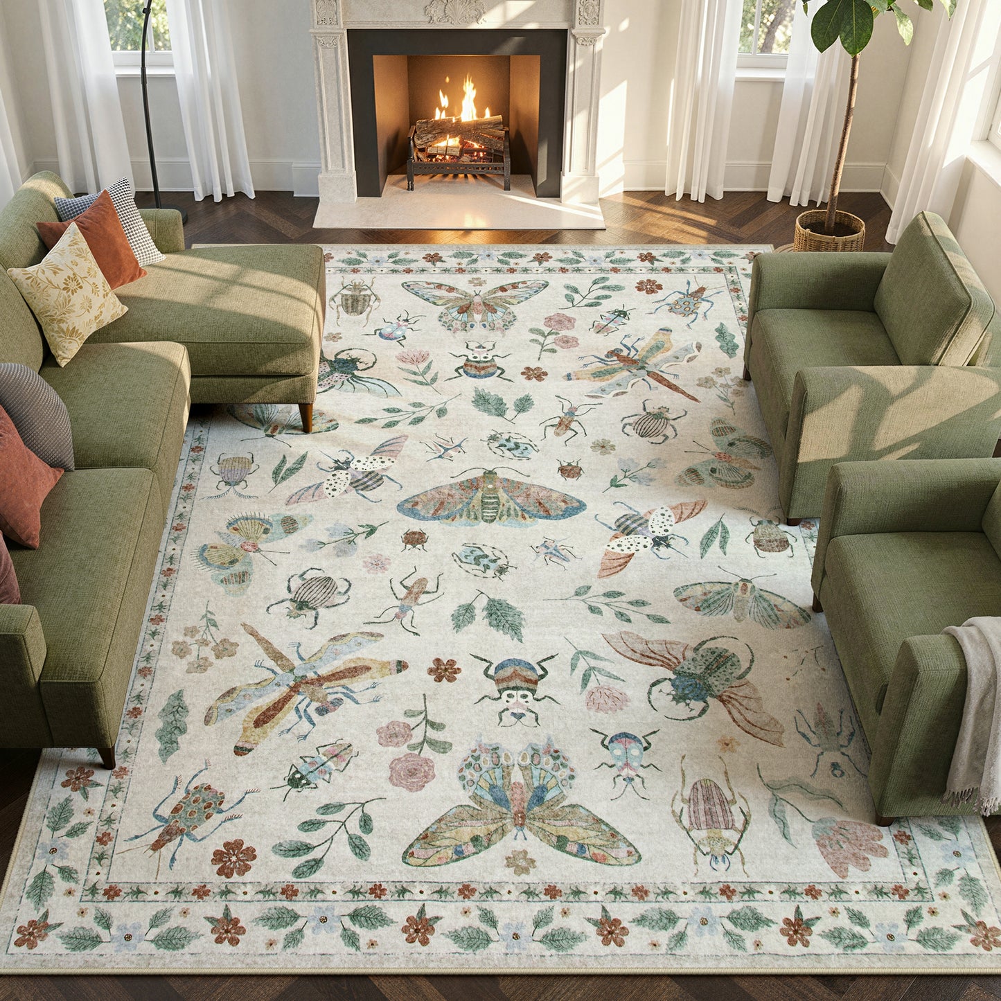 Moynesa Insect Area Rugs Washable Rug for Living Room Soft Natural Bedroom Rug Bug Accent Carpet for Dining Room Nursery Office Stain Resistant Non Slip