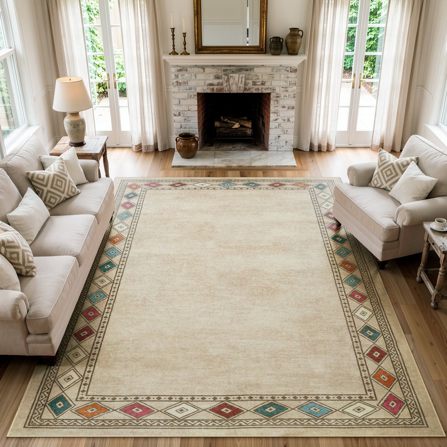RUG ROBOT Modern Bordered Machine Washable Rug, Ultra-Thin Rugs for Entryway Bedroom, Non-Slip Stain Resistant Small Carpet for Laundry Entrance