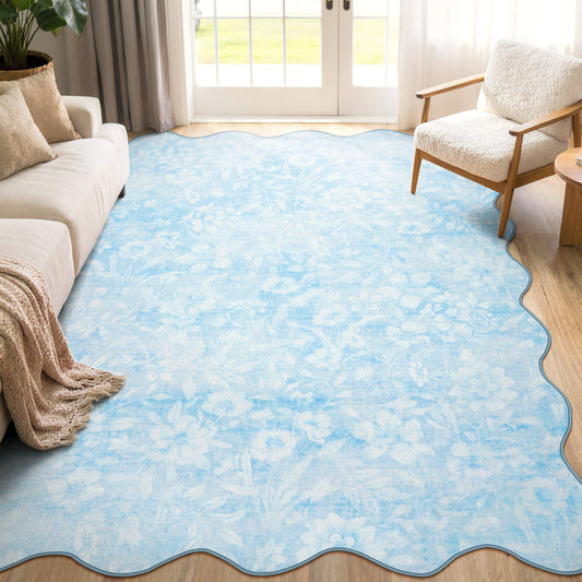 Moynesa Floral Scalloped Area Rugs, Cottage Washable Rug for Living Room Vintage Bedroom Rug Boho Accent Rug for Dorm Apartment Playroom Office Low Pile Non Slip