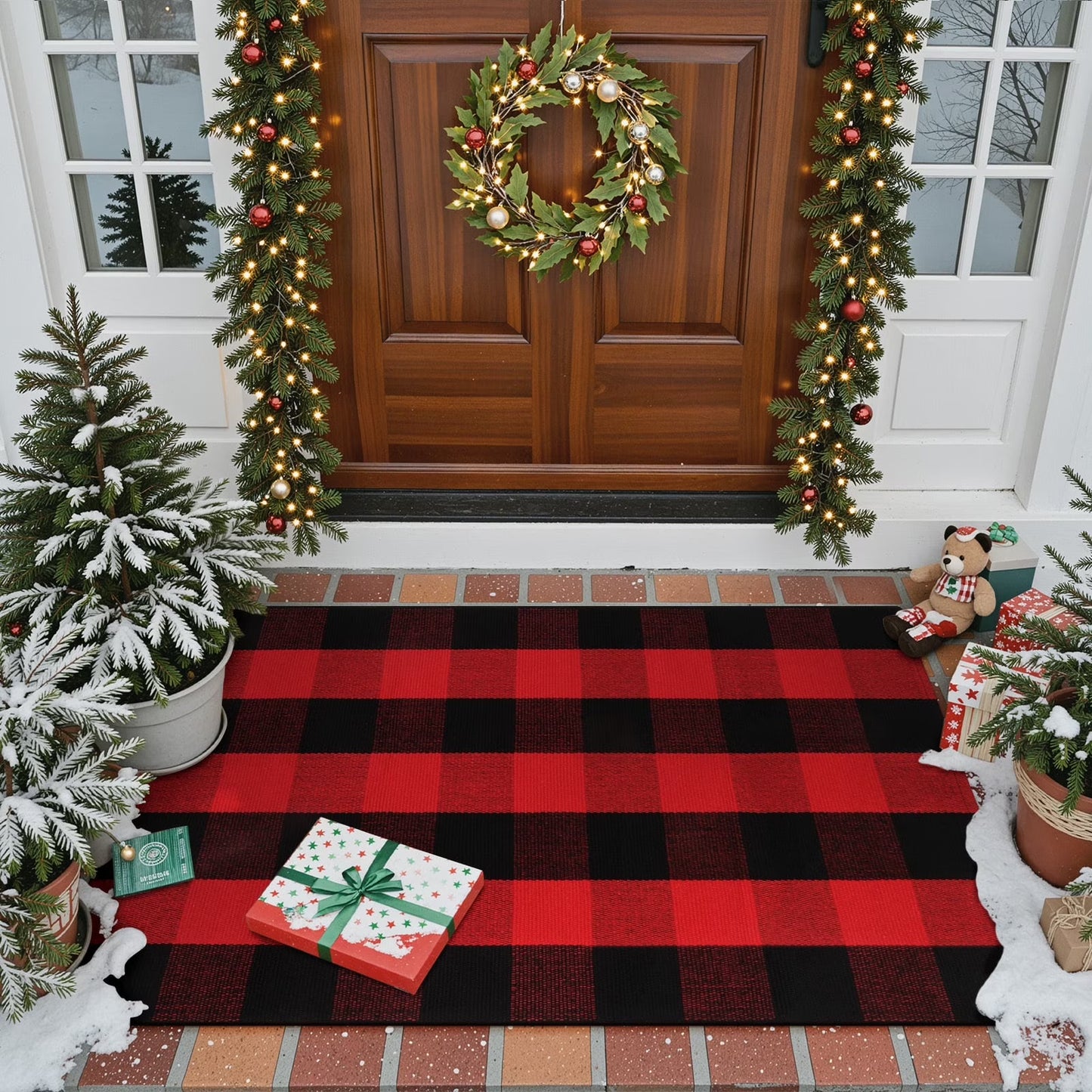 RUG ROBOT Christmas Buffalo Plaid Area Rugs for Entryway, Cotton Indoor Outdoor Front Door Mat,Washable Checkered Farmhouse Kitchen Red and Black Xmas decor Rugs