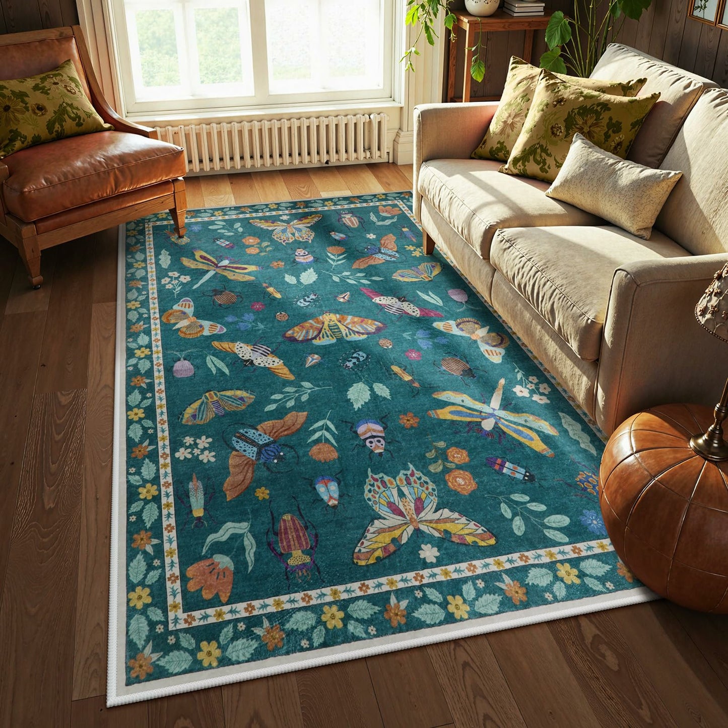 Moynesa Insect Area Rugs Washable Rug for Living Room Soft Natural Bedroom Rug Bug Accent Carpet for Dining Room Nursery Office Stain Resistant Non Slip