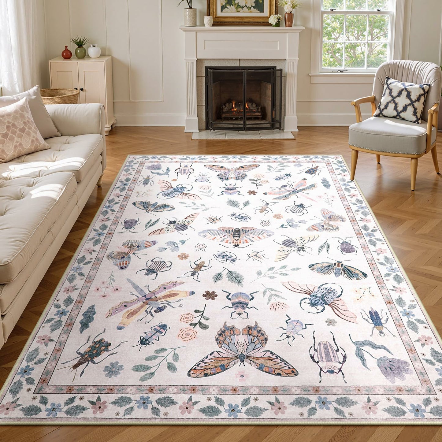 Moynesa Insect Area Rugs Washable Rug for Living Room Soft Natural Bedroom Rug Bug Accent Carpet for Dining Room Nursery Office Stain Resistant Non Slip