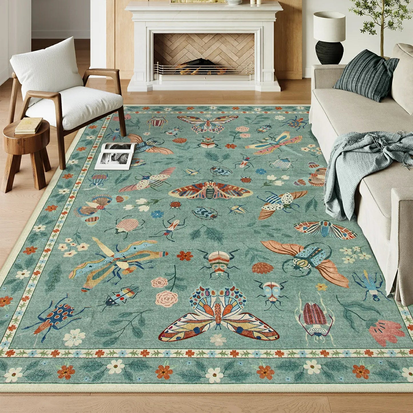 Moynesa Insect Area Rugs Washable Rug for Living Room Soft Natural Bedroom Rug Bug Accent Carpet for Dining Room Nursery Office Stain Resistant Non Slip