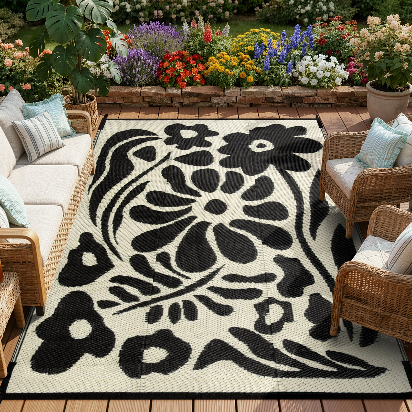 Moynesa Outdoor Rugs Waterproof, Plastic Straw RV Rugs for Outside, Large Portable RV Outdoor Rugs for Camping, Reversible Flower Picnic Mat for Camper Garden Tent