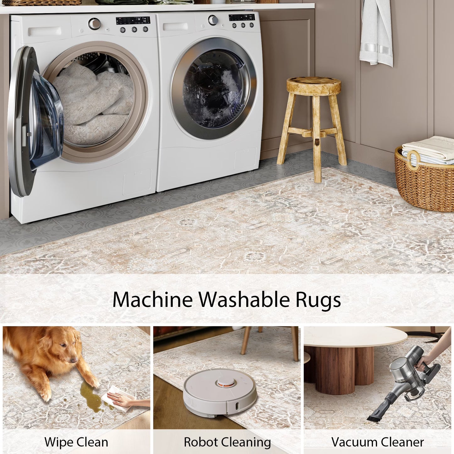 Lahome Area Rug for Living Room, Machine Washable Neutral Farmhouse Rugs for Bedroom, Soft Non-Slip Low Pile Indoor Floor Accent Carpet for Office Entryway Nursery Dining Room
