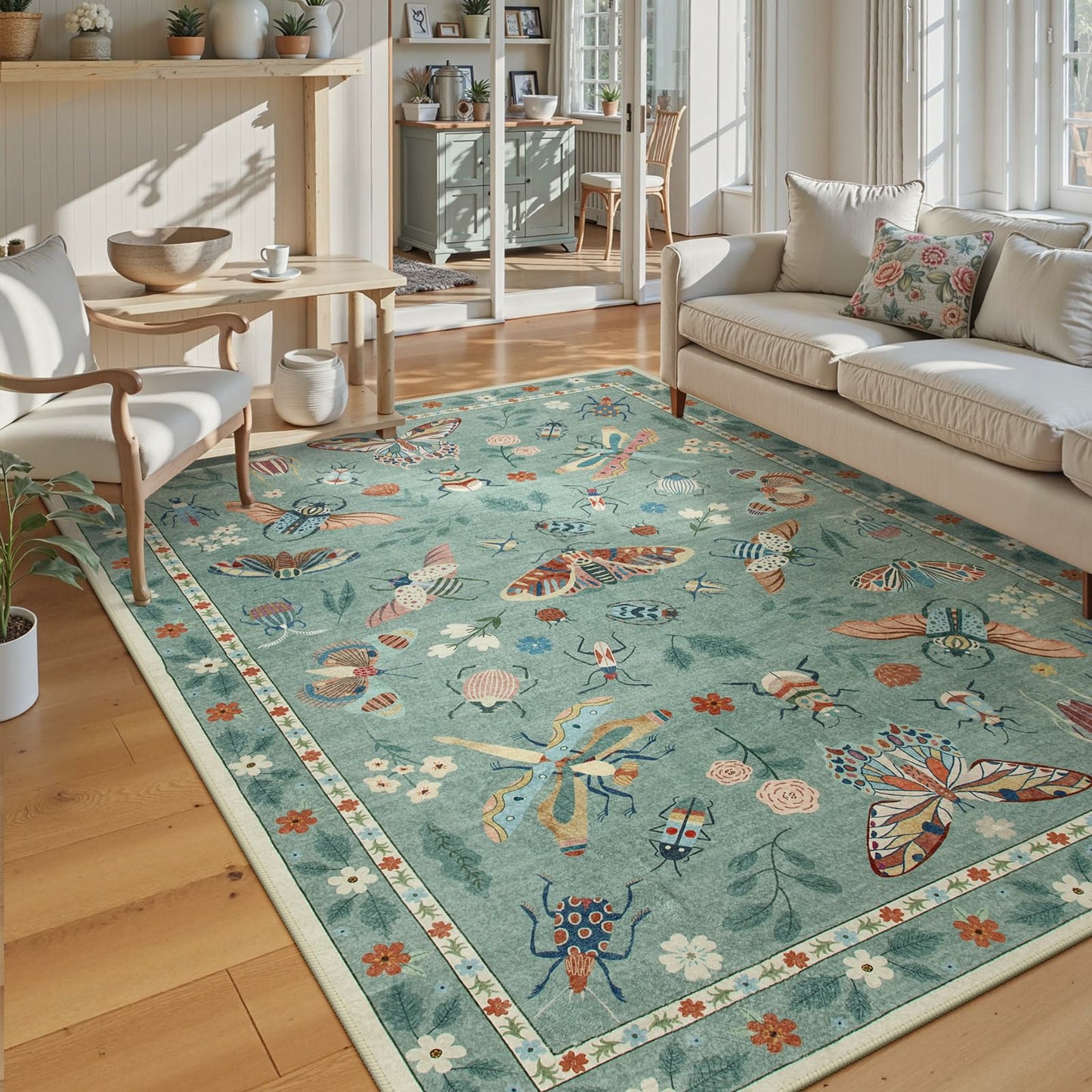 Moynesa Insect Area Rugs Washable Rug for Living Room Soft Natural Bedroom Rug Bug Accent Carpet for Dining Room Nursery Office Stain Resistant Non Slip