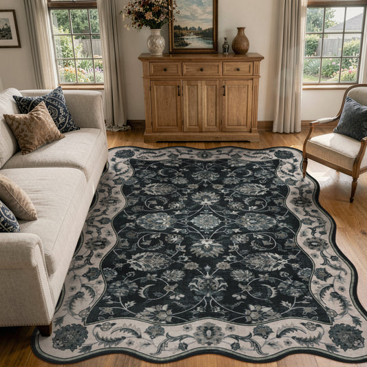 Moynesa Vintage Floral Area Rugs for Living Room, Scalloped Washable Rug for Bedroom, Traditional Distressed Accent Carpet for Dining Room Office Non Slip Stain Resistant