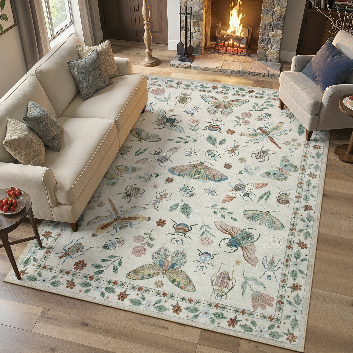 Moynesa Insect Area Rugs Washable Rug for Living Room Soft Natural Bedroom Rug Bug Accent Carpet for Dining Room Nursery Office Stain Resistant Non Slip