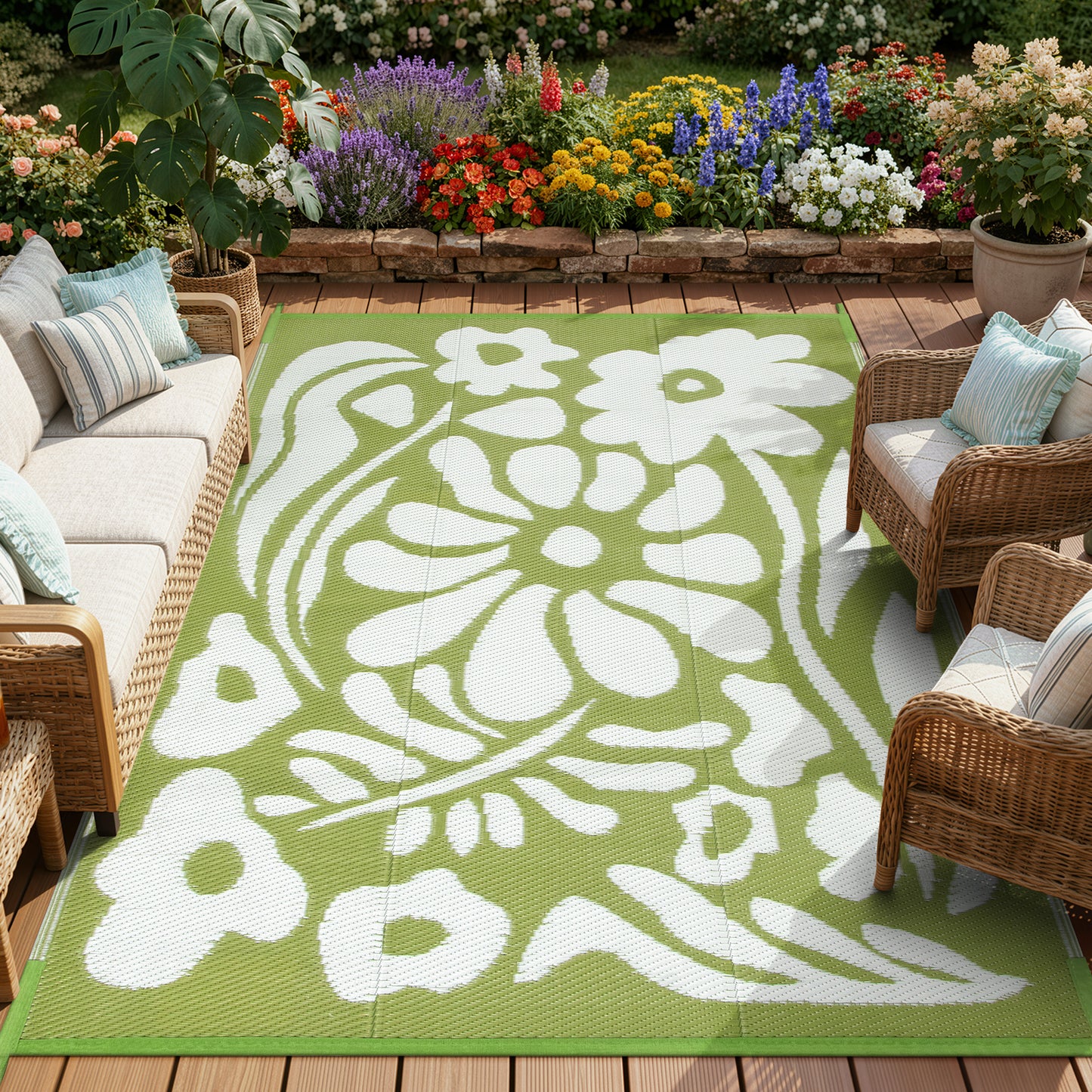 Moynesa Outdoor Rugs Waterproof, Plastic Straw RV Rugs for Outside, Large Portable RV Outdoor Rugs for Camping, Reversible Flower Picnic Mat for Camper Garden Tent