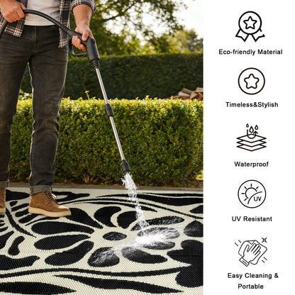 Lahome Outdoor RV Rug - Waterproof Reversible Plastic Straw Mat,Abstract Floral Pattern for Deck, Balcony & Camping