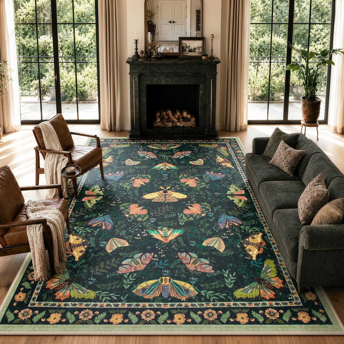 Moynesa Bug Area Rugs Washable Rug for Living Room, Soft Vintage Insect Carpet, Botanical Accent Rug for Bedroom Dining Room Office Stain Resistant Non Slip
