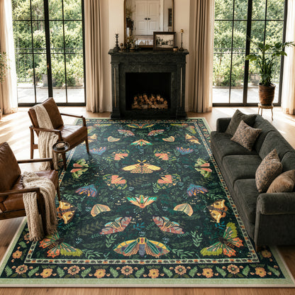 Moynesa Bug Area Rugs Washable Rug for Living Room, Soft Vintage Insect Carpet, Botanical Accent Rug for Bedroom Dining Room Office Stain Resistant Non Slip
