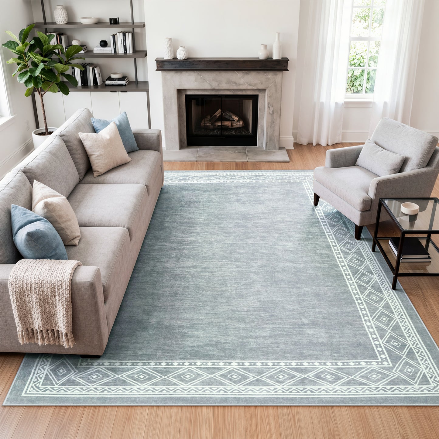 RUG ROBOT Modern Bordered Machine Washable Rug, Ultra-Thin Rugs for Entryway Bedroom, Non-Slip Stain Resistant Small Carpet for Laundry Entrance