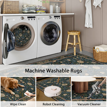Lahome Non-Slip Washable Area Rug, Boho Floral Vintage Low-Pile Carpet for Living Room Bedroom Dining Room and Office, Stain Resistant Soft Indoor Mat