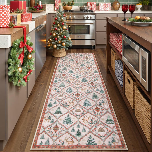 Moynesa Christmas Runner Rugs for Hallway, Washable Kitchen Rug Carpet Runner,Non-Slip Low Pile Soft Winter Moroccan Holiday Xmas Decor Modern Mat for Entrance Bedroom Laundry