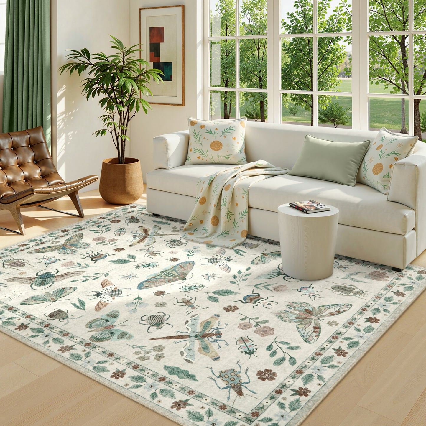 Moynesa Insect Area Rugs Washable Rug for Living Room Soft Natural Bedroom Rug Bug Accent Carpet for Dining Room Nursery Office Stain Resistant Non Slip