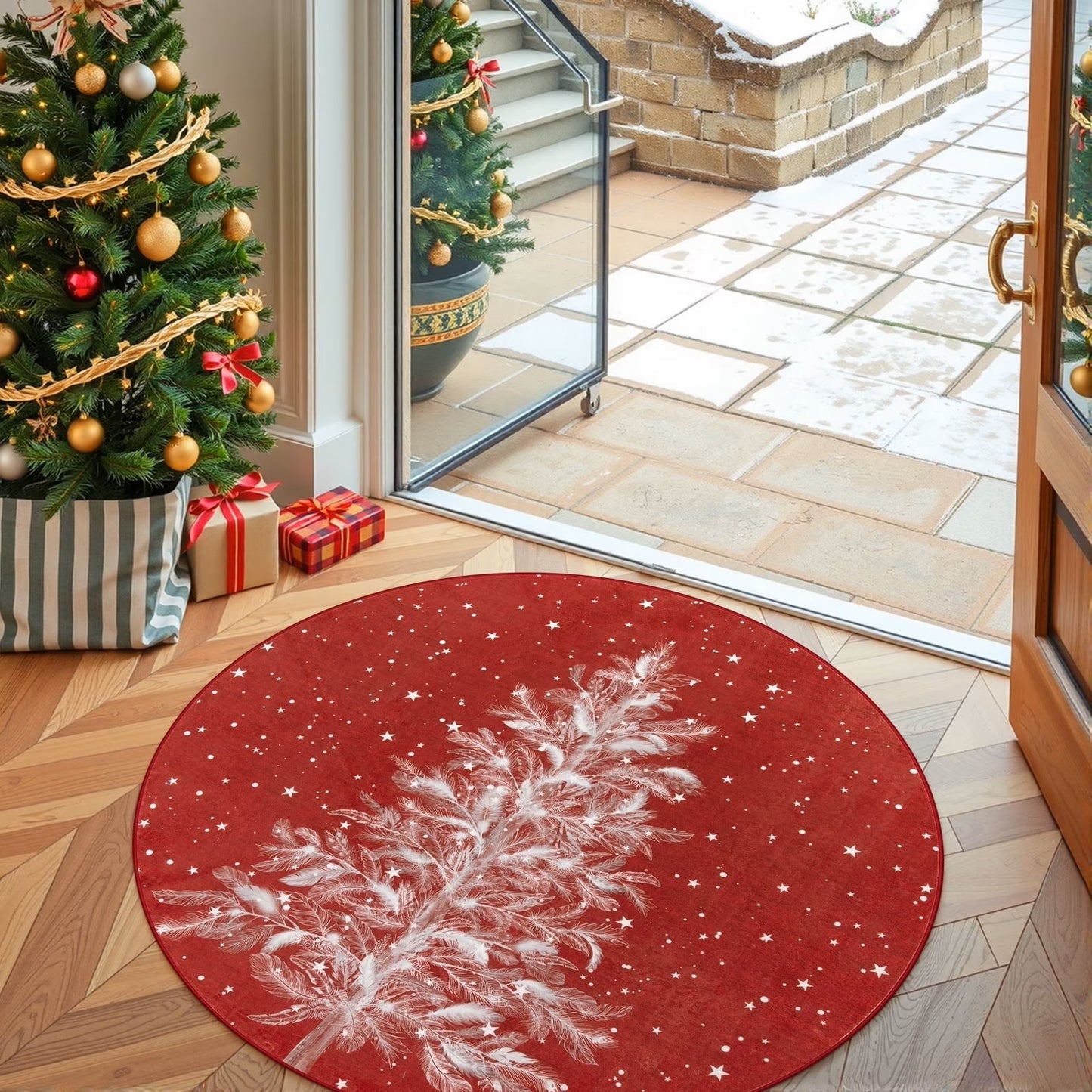 Lahome Christmas Round Rug Area Rug Red Christmas Tree Rug Washable Rug Indoor Carpet Decorative Circle Rug Round Non Slip Soft Rug Holiday Decor for Kitchen Bedroom Nursery
