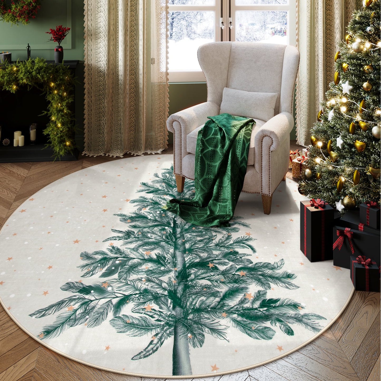 Lahome Christmas Round Rug Area Rug Red Christmas Tree Rug Washable Rug Indoor Carpet Decorative Circle Rug Round Non Slip Soft Rug Holiday Decor for Kitchen Bedroom Nursery