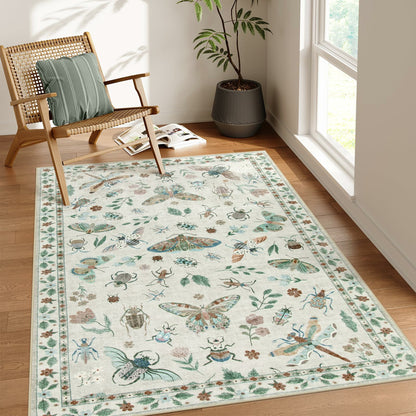 Moynesa Insect Area Rugs Washable Rug for Living Room Soft Natural Bedroom Rug Bug Accent Carpet for Dining Room Nursery Office Stain Resistant Non Slip