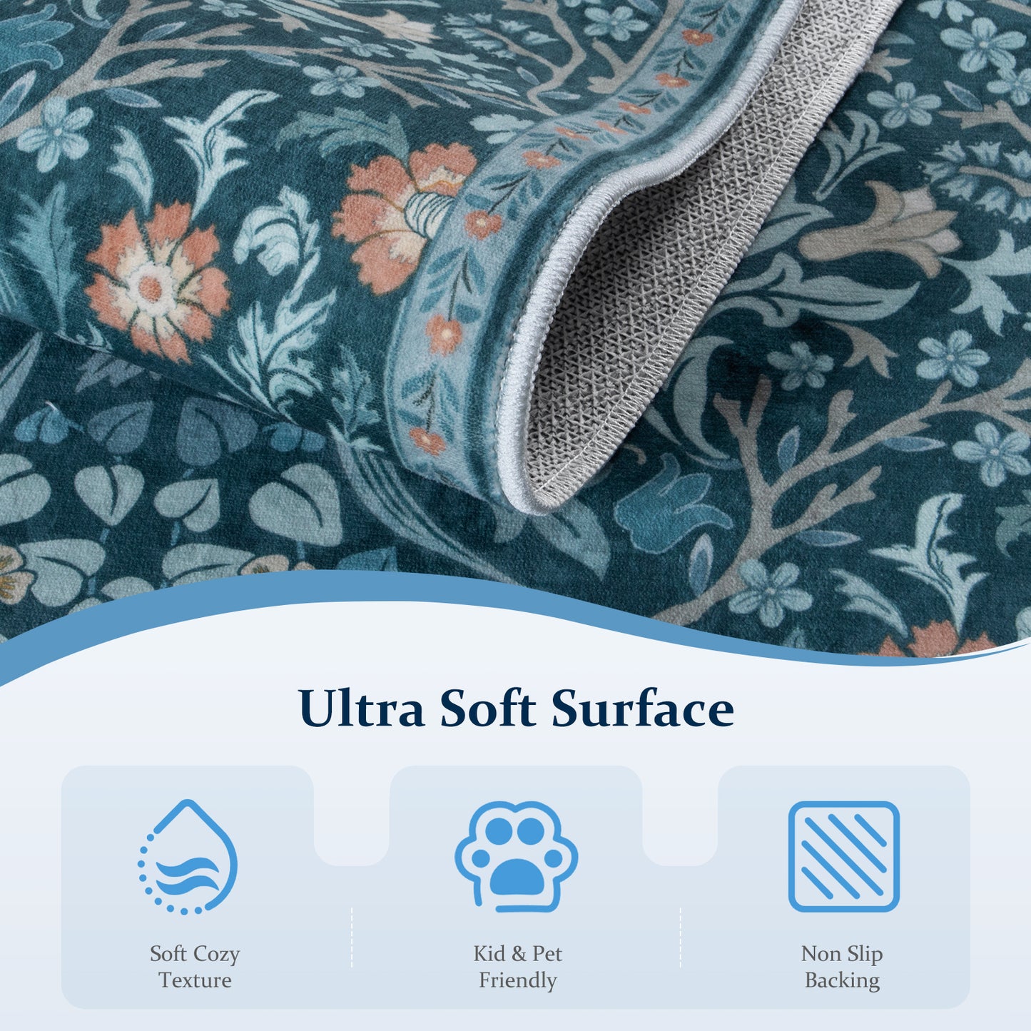 Lahome Washable Area Rug, Floral Rugs for Living Room, Non-Slip Soft Ultra Thin Boho Carpet for Bedroom Dining Room Under Table, Botanical Home Office Decor
