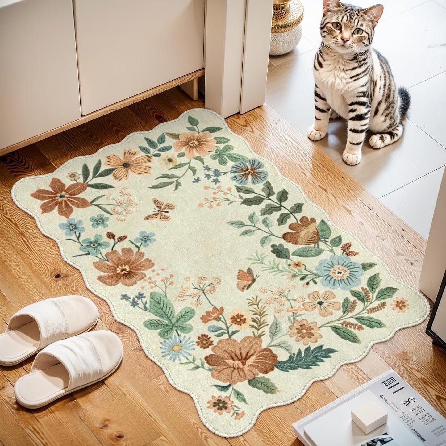 Moynesa Floral Washable Area Rugs, Soft Bedroom Large Rug for Living Room Ultra-Thin Non Slip Dining Room Rug, Stain Resistant Boho Rugs Easy Clean Throw Carpet for Office