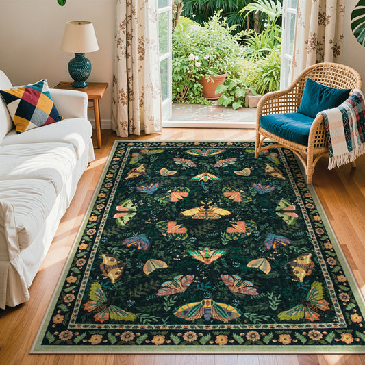 Moynesa Bug Area Rugs Washable Rug for Living Room, Soft Vintage Insect Carpet, Botanical Accent Rug for Bedroom Dining Room Office Stain Resistant Non Slip