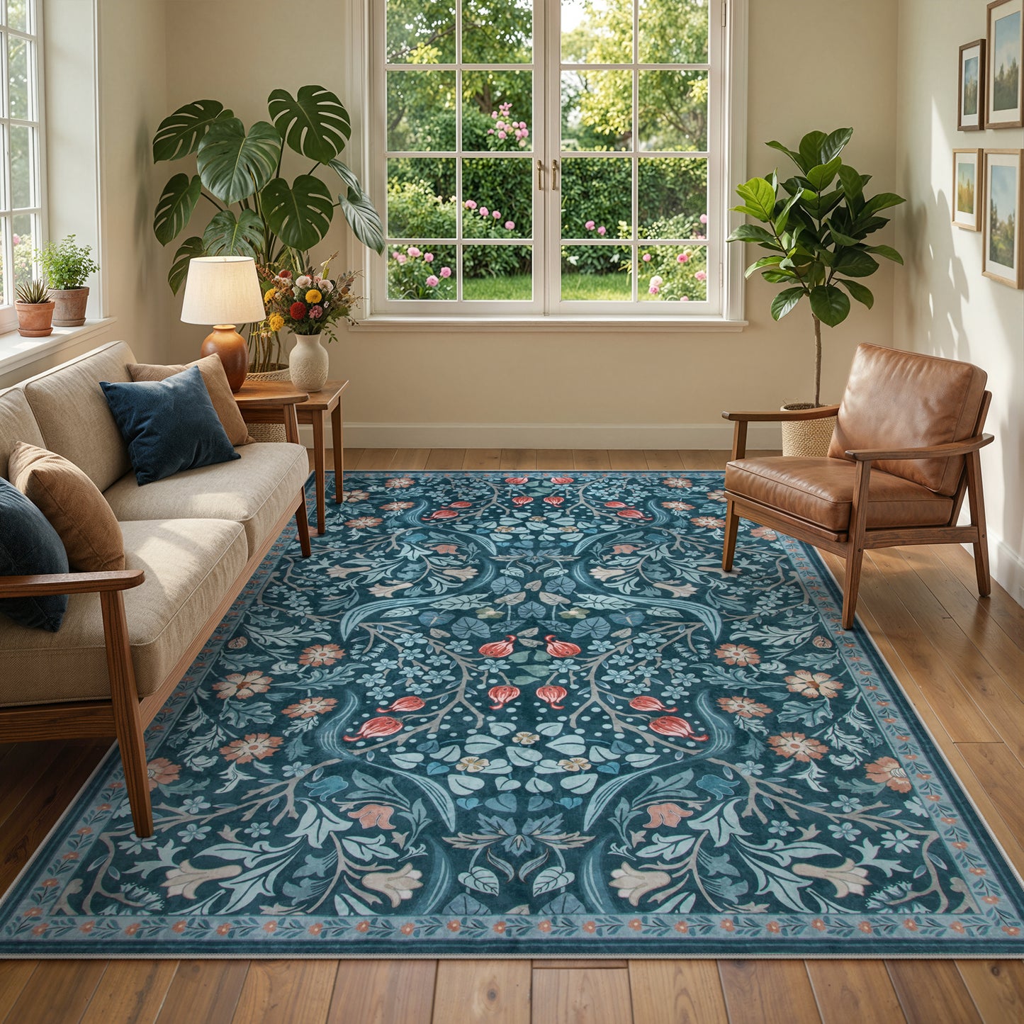 Lahome Washable Area Rug, Floral Rugs for Living Room, Non-Slip Soft Ultra Thin Boho Carpet for Bedroom Dining Room Under Table, Botanical Home Office Decor