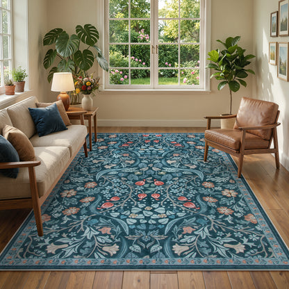 Lahome Washable Area Rug, Floral Rugs for Living Room, Non-Slip Soft Ultra Thin Boho Carpet for Bedroom Dining Room Under Table, Botanical Home Office Decor