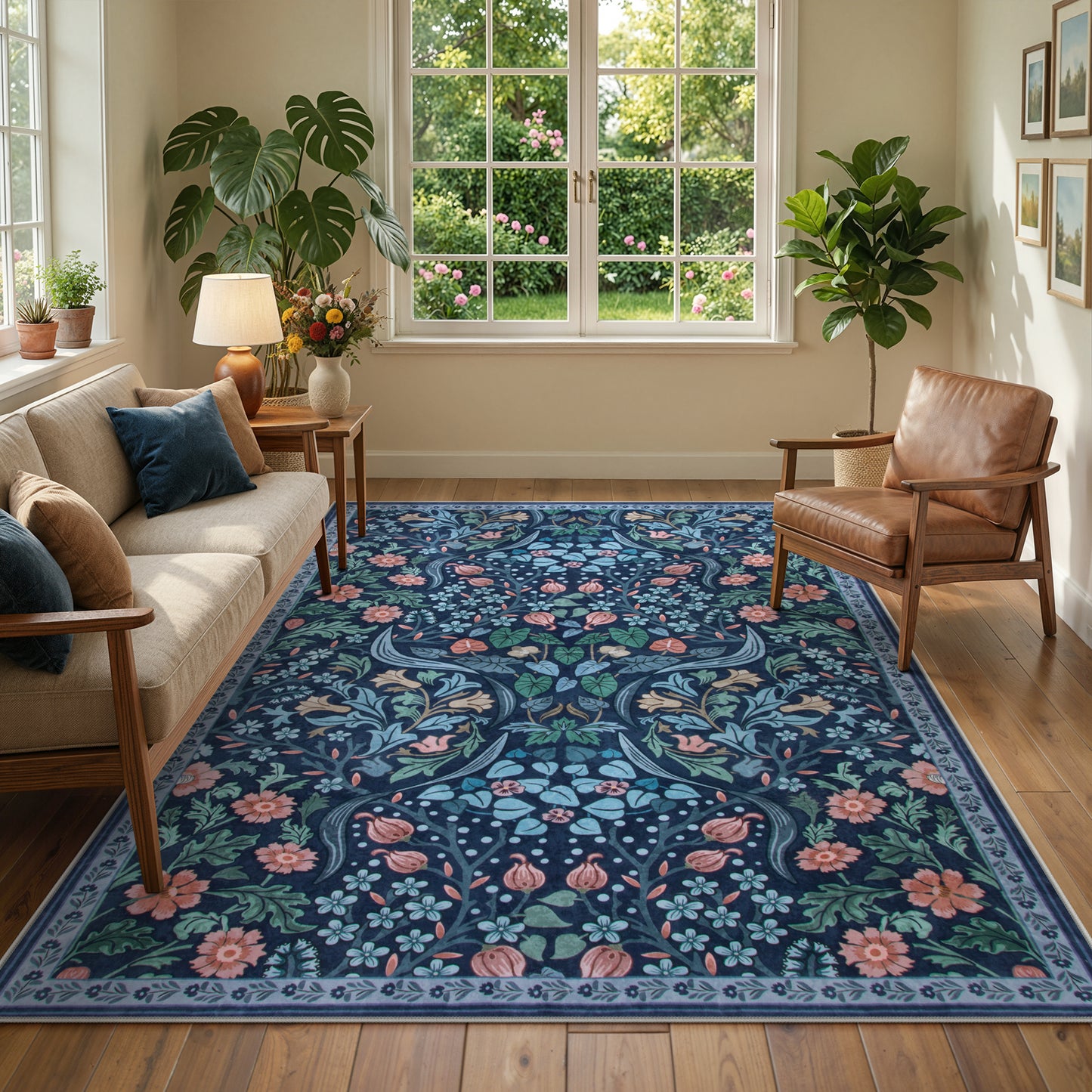 Lahome Washable Area Rug, Floral Rugs for Living Room, Non-Slip Soft Ultra Thin Boho Carpet for Bedroom Dining Room Under Table, Botanical Home Office Decor