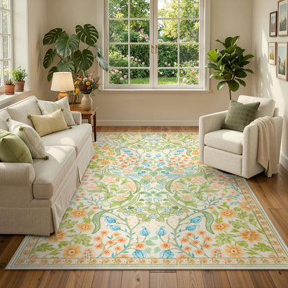 Lahome Washable Area Rug, Floral Rugs for Living Room, Non-Slip Soft Ultra Thin Boho Carpet for Bedroom Dining Room Under Table, Botanical Home Office Decor