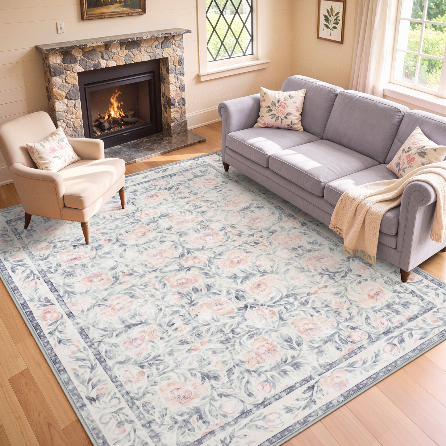 Lahome Decor Floral Living Room Rugs,Boho Area Rug for Bedroom Machine Washable Rug- Non-Slip Soft Indoor Carpet, Stain Resistant Low Pile for Farmhouse,Dining Room,Office