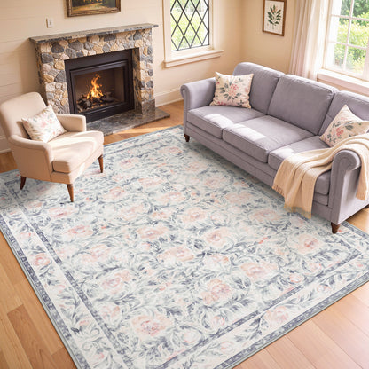 Lahome Decor Floral Living Room Rugs,Boho Area Rug for Bedroom Machine Washable Rug- Non-Slip Soft Indoor Carpet, Stain Resistant Low Pile for Farmhouse,Dining Room,Office