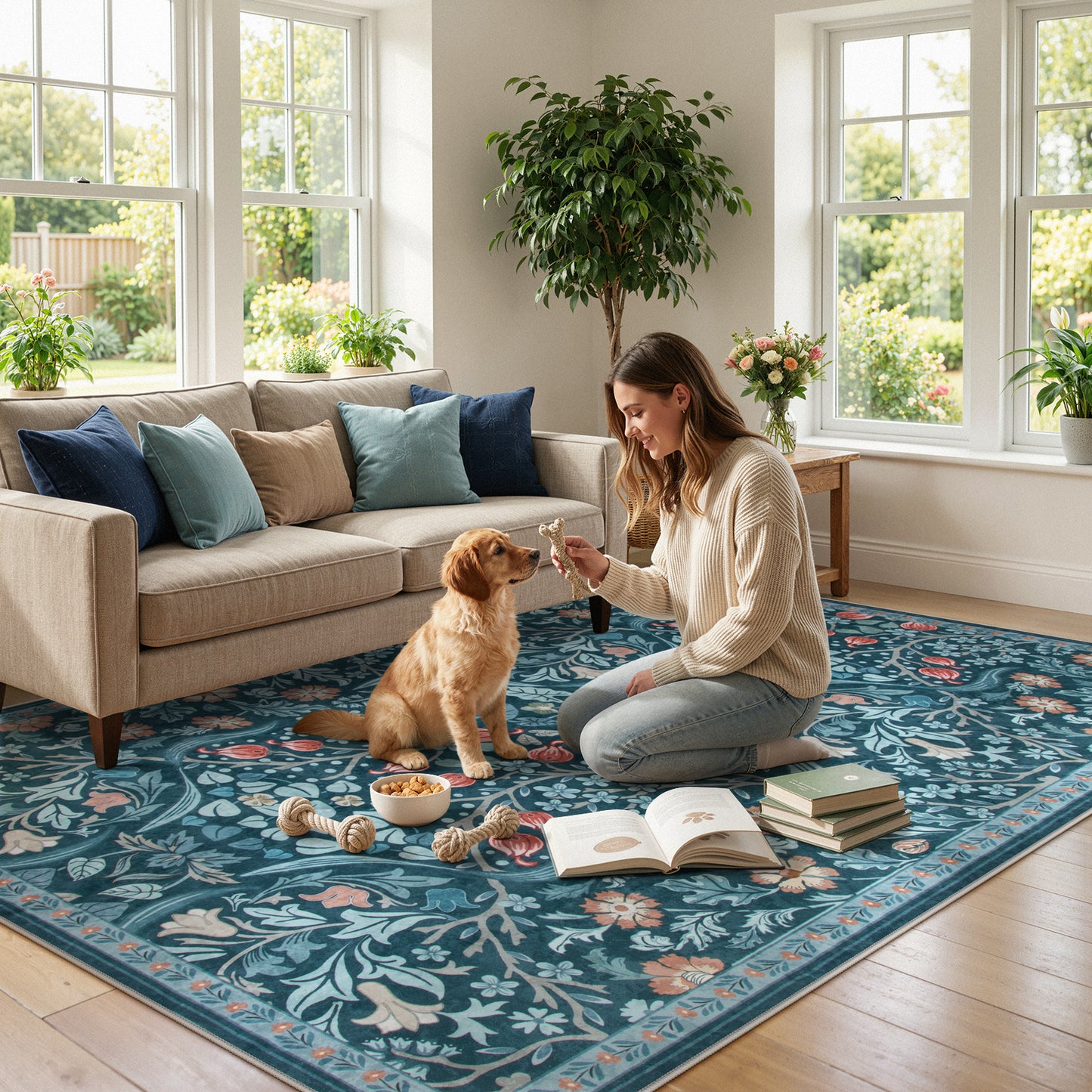 Lahome Washable Area Rug, Floral Rugs for Living Room, Non-Slip Soft Ultra Thin Boho Carpet for Bedroom Dining Room Under Table, Botanical Home Office Decor