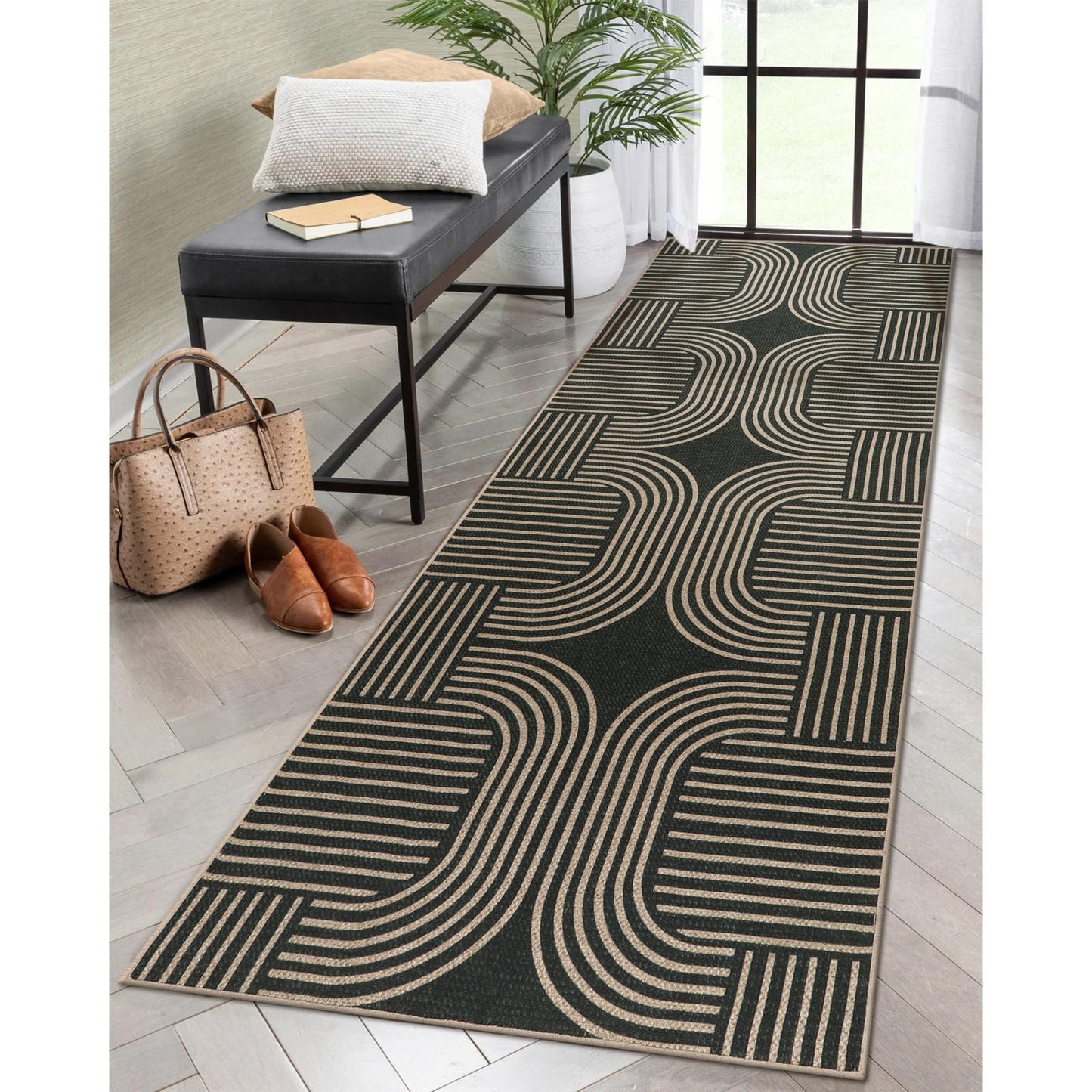 RUG ROBOT Modern Geometric Area Rugs for Living Room, Washable Easy Jute Black Indoor Outdoor Rugs for Entryway Non Slip, Farmhouse Accent Carpet for Bedroom Patio Courtyard