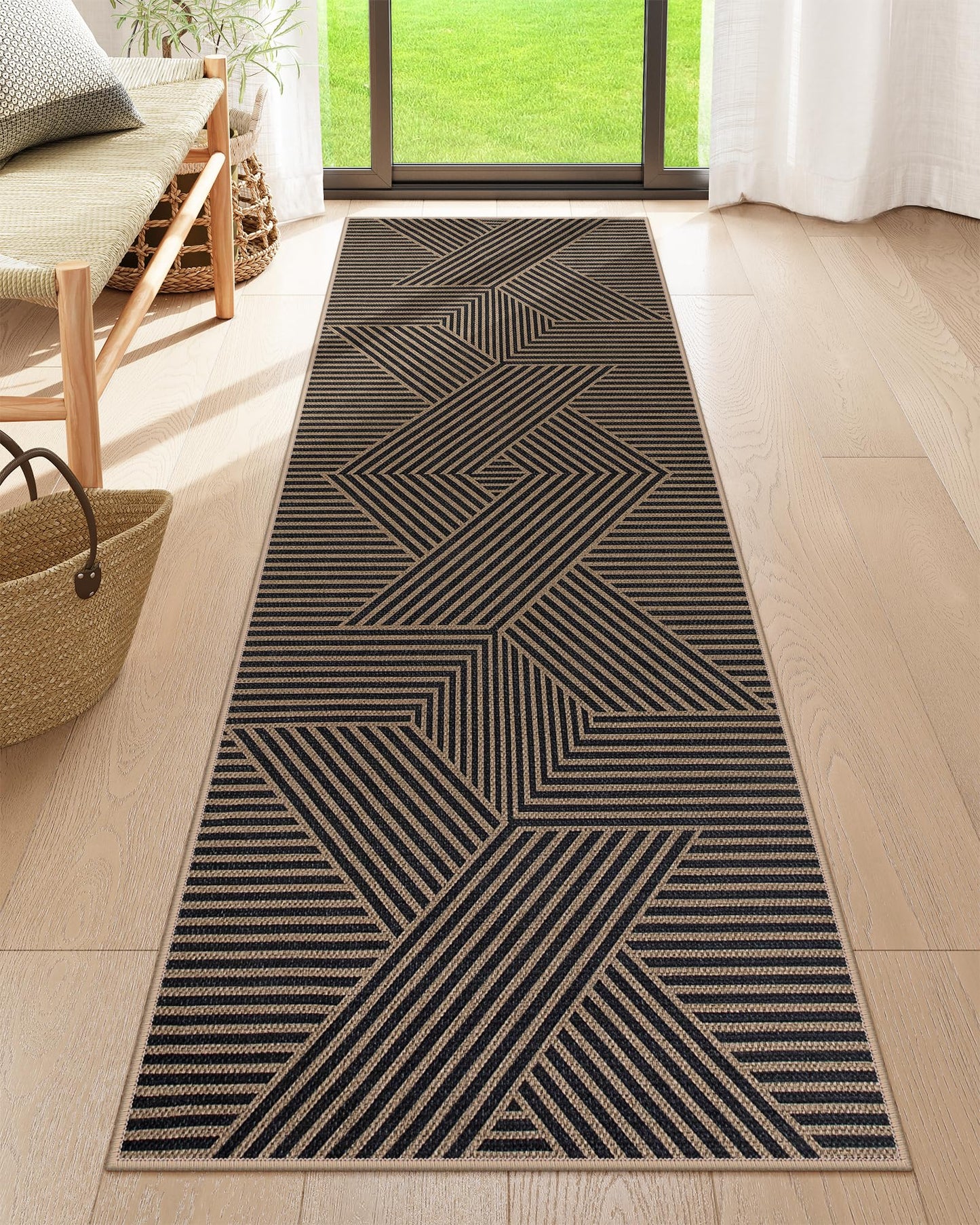 RUG ROBOT Modern Geometric Easy Jute Area Rug, Washable Indoor Rugs for Living Room Bedroom Entryway Rug Non Slip, Black Farmhouse Outdoor Carpet for Patio Courtyard Bedroom