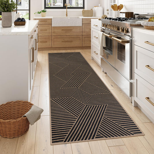 RUG ROBOT Modern Geometric Easy Jute Area Rug, Washable Indoor Rugs for Living Room Bedroom Entryway Rug Non Slip, Black Farmhouse Outdoor Carpet for Patio Courtyard Bedroom