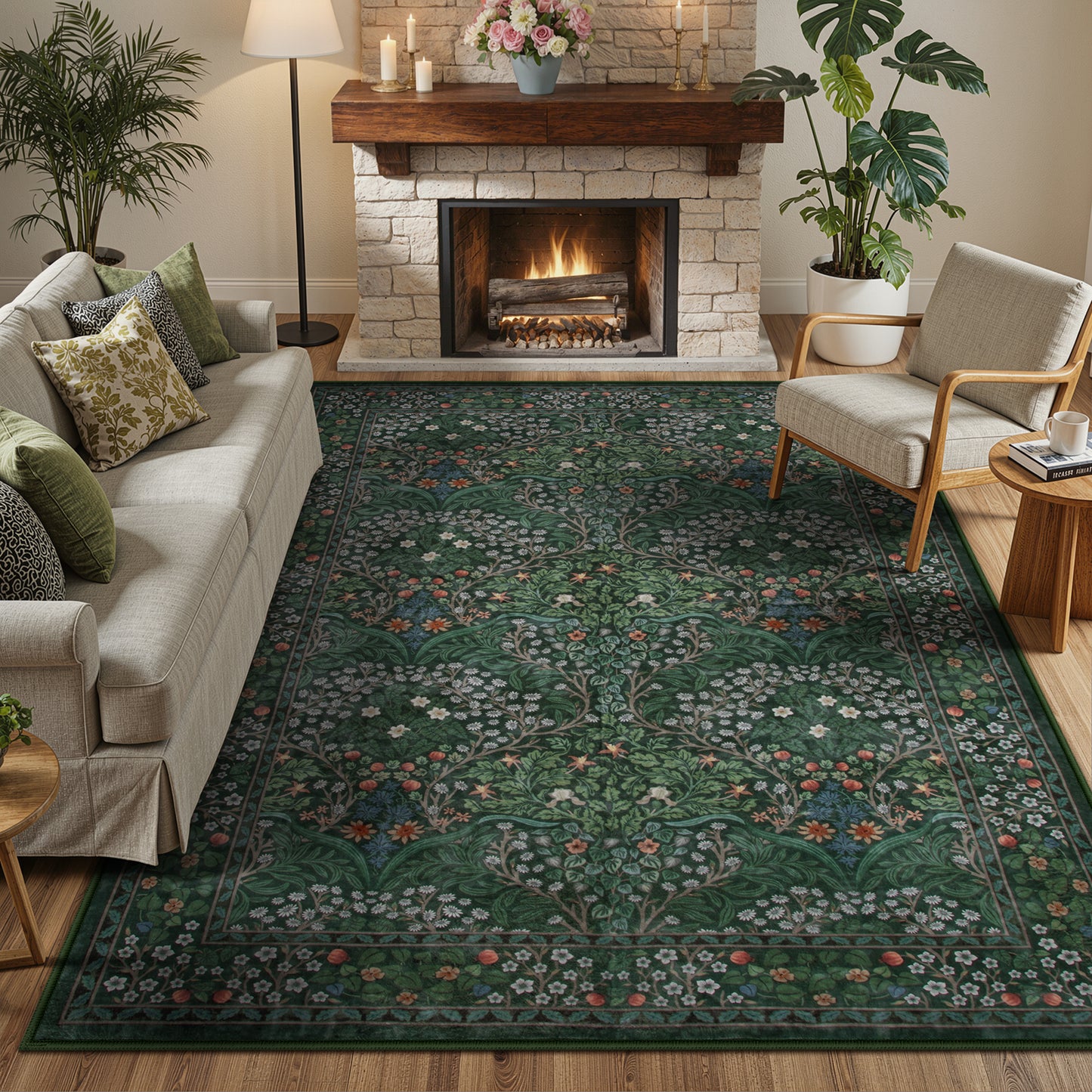 Lahome Floral Area Rugs – Soft Washable for Living Room & Bedroom, Boho Non Slip Low Pile Large Throw Carpet, Forest Stain Resistant, Ideal for Farmhouse Dining Room Office